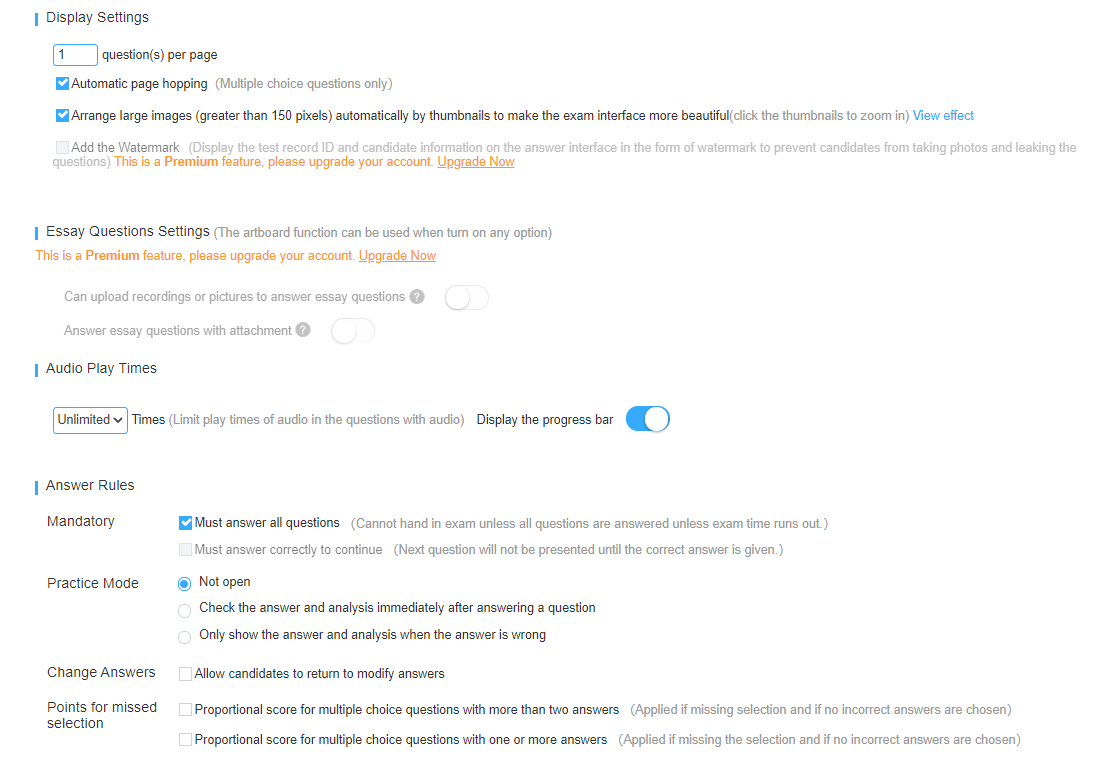 exam settings